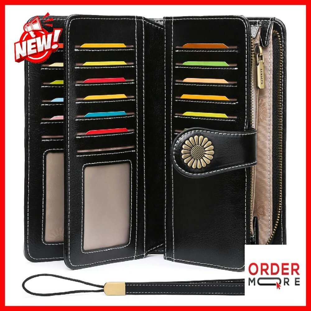 Large Capacity Leather Wristlet Wallet with RFID Blocking & 24 Card Slots